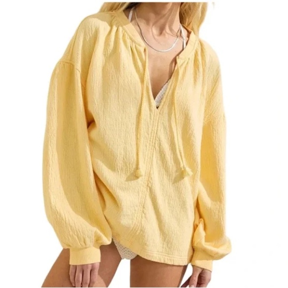 NWT Aerie Easy Street Oversized Sweatshirt Tassel V Neck BabyPastel Yellow | XXS